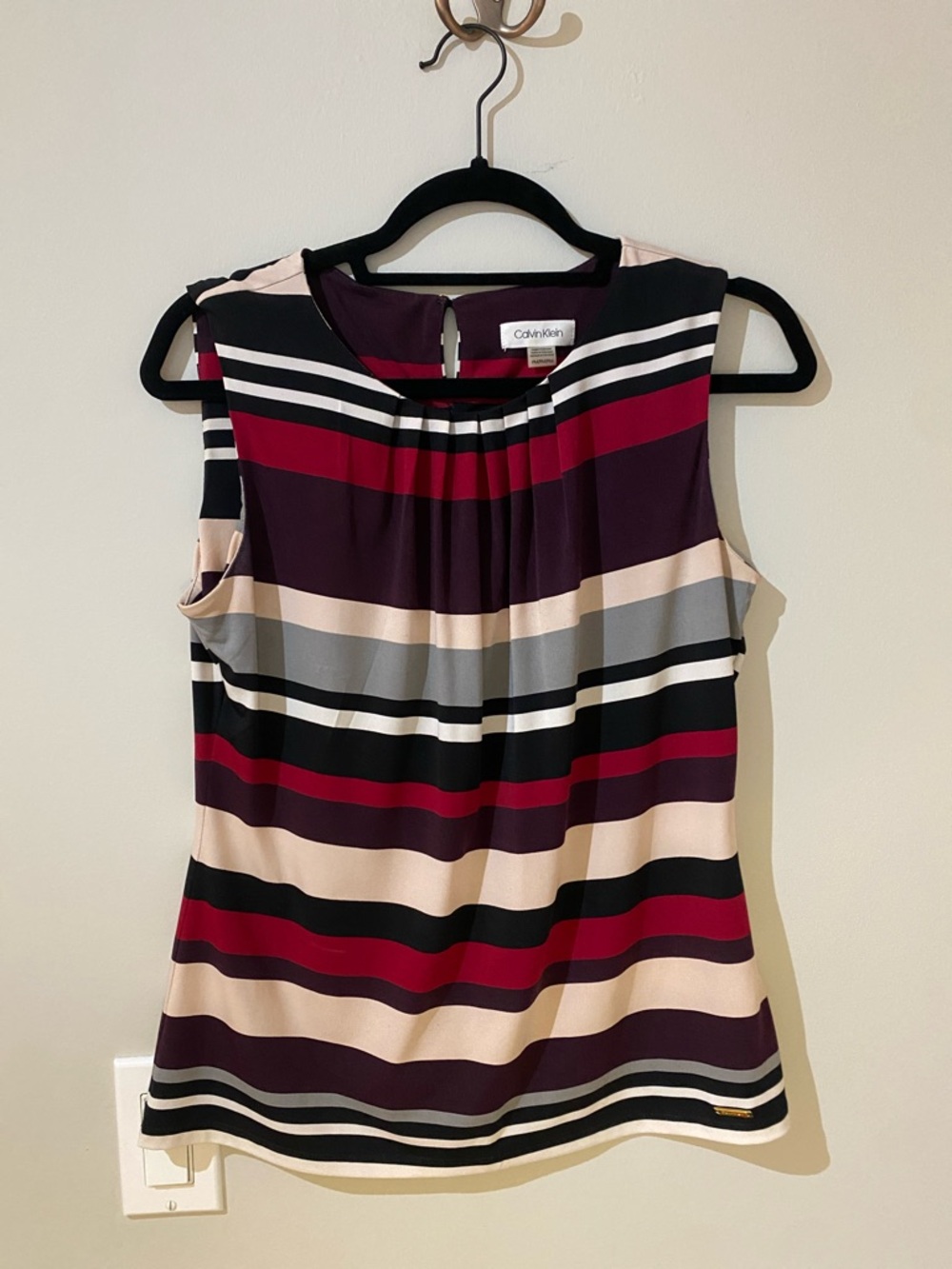 Calvin Klein Sleeveless Striped Tank in Burgundy, Pink, Gray and Black